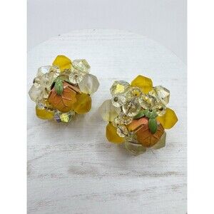 West Germany Clip On Earrings Bead Cluster Enamel Flower Frosted Yellow Orange